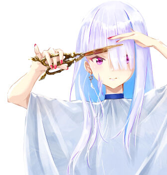 Rule 34 | 1girl, absurdres, arms up, asymmetrical bangs, barber cape, blue hair, blush, closed mouth, colored inner hair, commentary request, cropped, cutting hair, cutting own hair, earrings, hair over one eye, highres, holding, holding own hair, holding scissors, jewelry, lips, lize helesta, long bangs, long hair, looking at viewer, mafupen, multicolored hair, nail polish, nijisanji, pinky out, purple eyes, red nails, scissors, severed hair, simple background, solo, straight-on, straight hair, streaked hair, two-tone hair, upper body, virtual youtuber, white background, white hair, white poncho