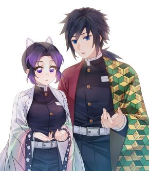 1boy 1girl animal_print belt black_hair black_jacket black_pants blue_eyes breasts butterfly_hair_ornament butterfly_print butterfly_print_haori commentary_request cowboy_shot demon_slayer_uniform gold_buttons hair_between_eyes hair_ornament haori highres jacket japanese_clothes kimetsu_no_yaiba kochou_shinobu long_hair low_ponytail medium_breasts medium_hair multicolored_hair pants parted_bangs parted_lips ponytail print_haori purple_eyes purple_hair ssss770007 tomioka_giyuu two-tone_hair updo white_background white_belt wide_sleeves