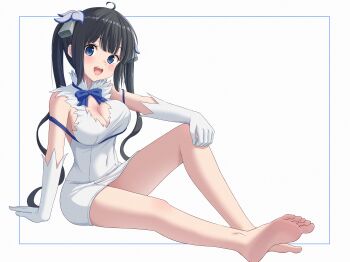 1girl :d absurdres arm_ribbon barefoot black_hair blue_bow blue_eyes blue_ribbon bow breasts cleavage cleavage_cutout clothing_cutout commentary_request dress dungeon_ni_deai_wo_motomeru_no_wa_machigatteiru_darou_ka elbow_gloves gloves hestia_(danmachi) highres long_hair looking_at_viewer open_mouth rei_no_himo ribbon simple_background smile solo tomioka_(r2czw) twintails white_background white_dress white_gloves