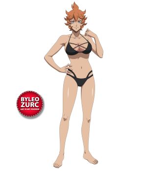 1girl barefoot black_clover blue_eyes bra breasts feet leozurcxxx mereoleona_vermillion orange_hair panties short_hair smile solo swimsuit toes transparent_background underwear