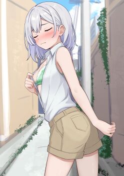 1girl absurdres bare_shoulders bra breasts brown_shorts cityscape closed_eyes clothes_pull collared_shirt cowboy_shot day dot_nose double-parted_bangs embarrassed green_bra grey_shirt hair_between_eyes highres looking_at_viewer looking_back nipples original outdoors parted_lips pulling_own_clothes purple_hair raised_inner_eyebrows raraserara shirt shirt_pull short_hair shorts sidelocks sketch_background small_breasts solo thighs underwear