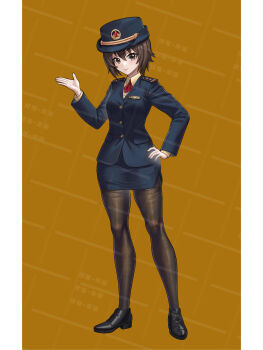 1girl absurdres black_pantyhose black_thighhighs blazer brown_eyes brown_hair epaulettes girls_und_panzer hat highres huihuang_rongyao jacket medium_hair necktie nishizumi_maho original pantyhose pencil_skirt shirt shoes skirt subway thighhighs zettai_ryouiki