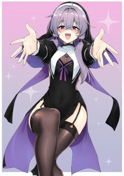Rule 34 | 1girl, :d, absurdres, black dress, blush, breasts, brown thighhighs, commentary request, dress, feet out of frame, garter straps, hair between eyes, highres, jewelry, juliet sleeves, long hair, long sleeves, looking at viewer, nude, open mouth, outstretched arms, pelvic curtain, puffy sleeves, purple eyes, purple hair, ring, small breasts, smile, solo, sparkle, thighhighs, veil, vocaloid, voiceroid, yuzuki yukari, zooanime