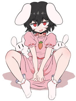Rule 34 | 1girl, animal ears, black hair, blush, dress, full body, hair between eyes, highres, inaba tewi, kurachi mizuki, looking at viewer, open mouth, pink dress, puffy short sleeves, puffy sleeves, rabbit, rabbit ears, rabbit girl, red eyes, ribbon-trimmed sleeves, ribbon-trimmed swimsuit, ribbon trim, short hair, short sleeves, simple background, sitting, socks, solo, spread legs, swimsuit, touhou, white background, white rabbit (animal), white socks