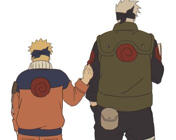 Rule 34 | 2boys, blonde hair, commentary request, douchi xo, flak jacket, forehead protector, hatake kakashi, highres, jacket, konohagakure shinobi uniform, korean commentary, male focus, mask, mouth mask, multiple boys, naruto (series), ninja mask, teacher and student, uzumaki naruto, uzumaki symbol, white hair