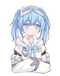Rule 34 | 1girl, :/, absurdres, arahashi tabi, arm cutout, arm pouch, averting eyes, blue bow, blue bowtie, blue eyes, blue hair, blush, bow, bowtie, closed mouth, collared shirt, commentary request, compass, cropped torso, crossed arms, dot nose, double-parted bangs, goggles, goggles on head, highres, hood, hood down, hooded jacket, jacket, long sleeves, medium hair, morphling (artist), raised eyebrows, shirt, sidelocks, simple background, solo, stellive, thick eyelashes, twintails, virtual youtuber, white background, white jacket, white shirt