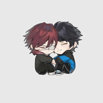 2boys ^_^ absurdres axia_krone axia_krone_(2nd_costume) black_cardigan black_hair black_hoodie black_pants black_shoes brown_hair cardigan chibi clip_studio_paint_(medium) closed_eyes closed_mouth eyepatch grey_background highres hood hood_down hoodie jh lauren_iroas male_focus medical_eyepatch multiple_boys nijisanji pants shoes simple_background sitting smile virtual_youtuber white_shoes