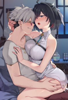 1boy 1girl :o ahoge atelier_(series) atelier_yumia bed black_hair breast_press breasts clenched_teeth clothed_sex commentary_request commission cum cum_in_pussy cum_overflow eye_contact flask grabbing_another&#039;s_ass groping hair_ribbon hand_on_another&#039;s_back hand_on_another&#039;s_chest hand_on_another&#039;s_head happy_sex hetero highres implied_sex indoors looking_at_another medium_breasts messy_hair mole mole_under_eye multicolored_hair mutual_orgasm open_mouth orgasm purple_eyes red-tinted_eyewear ribbon rutger_arendt sex shiny_skin shirt short_hair skeb_commission straddling sunglasses sweat table teeth tinted_eyewear tsuki_tokage two-tone_hair upright_straddle variant_set white_hair white_ribbon white_shirt window yellow_eyes yumia_liessfeldt