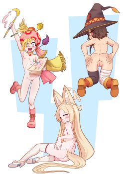3girls animal_ears anus arm_above_head arm_up ass asymmetrical_legwear bandaged_leg bandages black_thighhighs blonde_hair blue_archive blue_background blue_eyes boots brown_hair brown_hat character_request closed_mouth collarbone copyright_request crossover dot_mouth embarrassed feet_up female_focus flat_chest fox_ears fox_girl from_behind full_body grabbing_own_ass halo hat high_heels highres kneeling kono_subarashii_sekai_ni_shukufuku_wo! loli long_hair looking_at_viewer looking_back matching_hair/eyes megumin mr-e multicolored_hat multiple_girls nipples nude open_mouth orange_boots pink_boots profile pussy red_eyes red_hat scarf seia_(blue_archive) serious shoes short_hair_with_long_locks simple_background sitting smile standing standing_on_one_leg tail teeth thighhighs two-tone_background uncensored upper_teeth_only white_background white_shoes white_thighhighs witch_hat yellow_eyes yellow_halo yellow_hat yellow_scarf yokozuwari