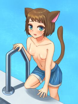 1girl animal_ears arm_support bandaid bandaid_on_face blue_eyes blue_male_swimwear blue_shorts blue_swim_trunks blush breasts brown_hair cat_ears cat_girl cat_tail collarbone commission cowboy_shot crossdressing crossdressing_(ftm) embarrassed female_focus highres humiliation leg_up looking_at_viewer mahorama18 male_swimwear male_swimwear_challenge navel nipples open_mouth original pool pool_ladder poolside raised_eyebrows short_hair shorts small_breasts solo swim_trunks tail tail_raised topless_female water