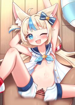 1boy 1girl absurdres ahoge akimiya_yamiku animal_ear_fluff animal_ears arms_up bar_censor bare_shoulders blonde_hair blue_eyes blue_sailor_collar blue_streaks blush bow cat_ears censored clothed_sex commentary fang feet flat_chest hair_bow hetero highres indie_virtual_youtuber leg_up lifebuoy_hair_ornament loli long_hair looking_at_viewer lying missionary motion_blur multicolored_hair navel nipple_slip nipples no_bra on_back on_floor one_eye_closed open_clothes open_fly open_mouth open_shirt paid_reward_available penis pov pov_crotch pov_legs sailor_collar sameko_saba sex shirt short_shorts shorts sleeveless sleeveless_shirt smile solo_focus spread_legs stomach streaked_hair tareme two-tone_hair vaginal variant_set virtual_youtuber white_shirt white_shorts wooden_floor