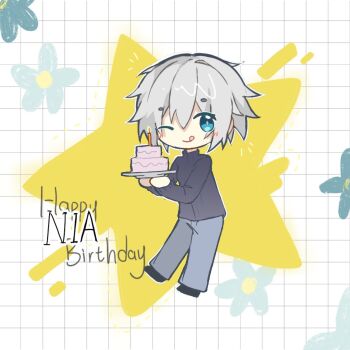 1girl blue_eyes cake chibi date_a_live english_text food honjou_nia n.(pl) one_eye_closed short_hair solo white_hair wink