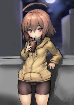 1girl against_railing ahoge arm_support bike_shorts black_shirt black_shorts brown_eyes brown_hair building cameltoe commentary_request cowboy_shot cup drawstring drinking_straw drinking_straw_in_mouth hair_between_eyes highres holding holding_cup hood hood_down hoodie johan_(johan13) linne_(under_night_in-birth) long_sleeves looking_at_viewer moon night outdoors railing shirt shirt_under_hoodie short_hair shorts sky skyscraper solo under_night_in-birth yellow_hoodie