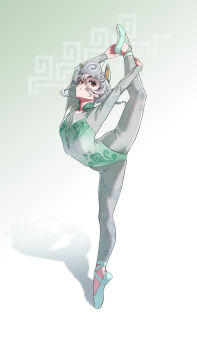 1girl amiba_(nerdamiba) animal_ears aqua_leotard aqua_shoes athletic_leotard bodysuit bodysuit_under_clothes braid brown_eyes chinese_commentary commentary_request full_body grey_bodysuit grey_hair gymnastics half-soles hand_on_own_foot highleg highleg_leotard highres horse_ears horse_girl leotard leotard_over_bodysuit original parted_lips shadow shoes solo standing standing_on_one_leg tiptoes yoneyama_mai_(style)