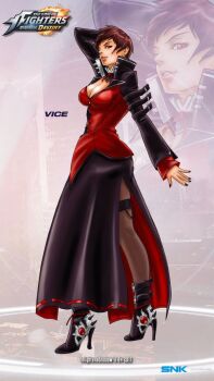 1girl ass breasts brown_hair cleavage curvy dress earrings female_focus from_behind high_heels highres huge_ass huge_breasts jewelry large_breasts long_sleeves looking_at_viewer looking_back pantyhose red_eyes see-through_clothes short_hair skirt socks standing tan the_king_of_fighters thick_thighs thighs vice_(kof)