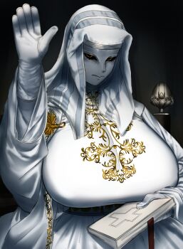 1girl absurdres bible_(object) breasts gloves grey_mask hand_up has_arft highres huge_breasts indoors king_baldwin_iv kingdom_of_heaven looking_at_viewer nadsaeng solo white_gloves