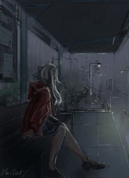 1girl alternate_costume bench black_shoes blue_skirt bus_stop commentary elf frieren from_side full_body highres hood hoodie lamppost long_hair long_sleeves looking_to_the_side morted_art night on_bench painterly pointy_ears rain red_hoodie road shirt shoes signature skirt solo sousou_no_frieren street twintails white_shirt wooden_bench