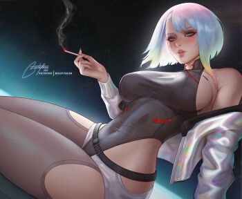 1girl artist_name asymmetrical_bangs bare_shoulders belt black_belt black_leotard black_pantyhose bootybear breasts cigarette clothing_cutout commentary covered_navel cropped_jacket cyberpunk:_edgerunners cyberpunk_(series) english_commentary highleg highleg_leotard highres hip_vent holding holding_cigarette jacket large_breasts leotard light_blush looking_at_viewer lucy_(cyberpunk) multicolored_eyes multicolored_hair open_clothes open_jacket pantyhose parted_lips patreon_username short_hair short_hair_with_long_locks shorts signature sitting solo variant_set white_jacket white_shorts