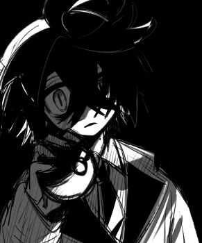 Rule 34 | 1boy, absurdres, black background, blueberry academy school uniform, crossed bangs, greyscale, hair between eyes, highres, holding, holding poke ball, kieran (pokemon), looking at viewer, male focus, mole, mole on neck, monochrome, nintendo, poke ball, poke ball (basic), pokemon, pokemon sv, school uniform, shaded face, sketch, solo, tisanntisyou