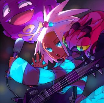 1girl blue_eyes brad_(16325) colored_sclera creature creature_on_shoulder electric_guitar fangs gen_1_pokemon gen_5_pokemon guitar hair_bobbles hair_ornament holding holding_microphone instrument koffing microphone music nintendo on_shoulder open_mouth pokemon pokemon_bw2 roxie_(pokemon) shirt singing spiked_hair striped_clothes striped_shirt teeth topknot ultraviolet_light upper_teeth_only venipede white_hair yellow_sclera