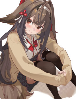 Rule 34 | 1girl, alternate costume, black skirt, blush, bow, breasts, brown cardigan, brown thighhighs, cardigan, chest bow, closed mouth, collarbone, commentary, droopy ears, english commentary, feet out of frame, from above, hair intakes, hairband, knees up, looking at viewer, mashaer, mashaer1548298, medium breasts, open clothes, red bow, red eyes, revision, shadow, shirt, simple background, sitting, skirt, smile, solo, thighhighs, white background, white hairband, white shirt, ye shunguang, zenless zone zero