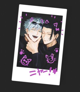 Rule 34 | 2boys, 99round, black background, black hair, blue eyes, buttons, closed mouth, commentary, getou suguru, gojou satoru, hair bun, hair pulled back, highres, jujutsu kaisen, jujutsu tech uniform, looking at viewer, male focus, multiple boys, one eye closed, open mouth, plug (piercing), polaroid photo, short hair, simple background, smile, symbol-only commentary, teeth, white hair