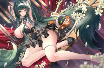 1girl absurdly_long_hair areola_slip armpits arms_up astra_yao astra_yao_(chandelier) bangboo_(zenless_zone_zero) black_dress black_hair blurry breasts cleavage depth_of_field dress eous_(zenless_zone_zero) falling_petals flower full_body grin hairband hanh_chu highres long_hair neck_ribbon petals red_eyes ribbon sitting smile solo_focus thick_thighs thigh_strap thighs very_long_hair white_flower white_hairband yokozuwari