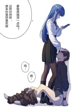 1boy 1girl absurdres bdsm black_skirt blouse boots bow bowtie brown_hair cbt center_frills chinese_text clothed_female_nude_male collar dildo fellatio femdom frills hand_on_another&#039;s_head high-waist_skirt highres holding holding_phone lace-up_boots ni3e2a1en1 nude oral original pantyhose penis phone restrained sex_toy shirt skirt stepped_on stepping_on_penis strap-on translation_request