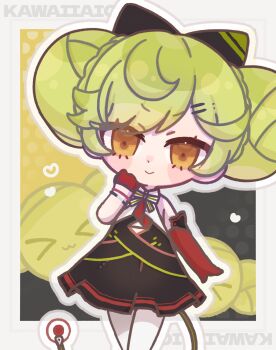 1girl :&gt; ai-chan_(honkai_impact) black_bow black_dress bow braid brown_eyes chibi commentary_request double_bun dress elbow_gloves gloves green_hair hair_bow hair_bun half_gloves heart highres honkai_(series) honkai_impact_3rd outline red_gloves single_elbow_glove single_half_glove solo weizhi_(micimicimicimic) white_outline