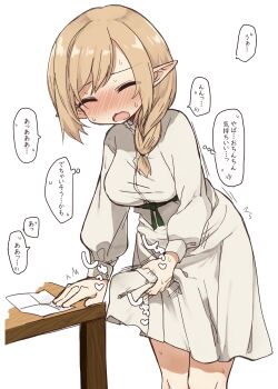 1futa absurdres blonde_hair blush bread-factory breasts bulge dress elf erection erection_under_clothes futanari futanari_masturbation highres large_breasts large_penis leaning_on_object masturbation medium_hair open_mouth paper penis pointy_ears solo sweat table translated white_background