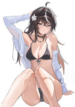 1girl absurdres bikini black_hair braid breasts brown_eyes cherno_kegaard commentary_request dian_guojiang flower hair_flower hair_ornament highres multicolored_hair shirt side_braid snowbreak:_containment_zone streaked_hair sweatdrop swimsuit white_background white_shirt white_streaks