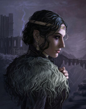 1girl artist_name black_hair circlet earrings feyspeaker from_side jewelry solo the_elder_scrolls the_elder_scrolls_v:_skyrim upper_body watermark winterhold