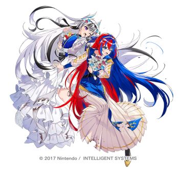 2girls aerial_fireworks battle_damage black_collar black_hair blue_dress blue_eyes blue_hair blush bouquet braid breasts collar commentary_request copyright_notice crossed_bangs damaged dress feather_hair_ornament feathers female_alear_(fire_emblem) female_alear_(sister_dragons)_(fire_emblem) fire_emblem fire_emblem_engage fire_emblem_heroes fireworks flower grey_hair greyscale hair_between_eyes hair_ornament holding holding_bouquet ichikawa_haru long_hair long_sleeves monochrome multicolored_hair multiple_girls nintendo official_alternate_costume official_art one_eye_closed open_mouth purple_eyes red_hair simple_background split-color_hair tiara torn_clothes torn_dress two-tone_hair very_long_hair veyle_(fire_emblem) veyle_(sister_dragons)_(fire_emblem) wavy_hair white_background white_dress wing_hair_ornament