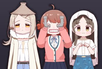 3girls :3 ahoge aqua_skirt black_skirt blush brown_hair cardigan commentary_request dagon_(jujutsu_kaisen) denim denim_shorts flipped_hair gakuen_idolmaster hanami_(jujutsu_kaisen) hanami_ume hatsuboshi_gakuen_school_uniform highres idolmaster jogo_(jujutsu_kaisen) jujutsu_kaisen kuramoto_china long_hair looking_at_viewer multiple_girls pink_cardigan pleated_skirt purin_a_la_mode_(popup) robe school_uniform shinosawa_hiro shirt shorts skirt straight_hair teeth veil very_long_hair white_robe white_shirt