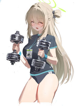 1girl absurdres blue_archive blue_buruma blue_shirt breasts buruma dumbbell exercising green_halo gym_shirt gym_shorts gym_uniform hair_bun halo highres holding holding_dumbbell id_card lanyard large_breasts long_hair nonomi_(blue_archive) open_mouth shirt short_sleeves shorts simple_background single_side_bun smile solo weightlifting white_background