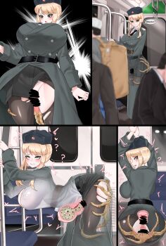 1girl 1other :o ? absurdres bar_censor blonde_hair blush breasts censored clothed_sex clothes cum cum_in_pussy dallim english_text facehugger grabbing_another&#039;s_ass grabbing_from_behind green_eyes groping highres huge_breasts huge_penis interspecies long_hair looking_at_viewer looking_back molestation monster multiple_views open_mouth penis sex sex_from_behind speech_bubble stealth_sex surprised x-ray