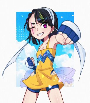 1girl 2023 bike_shorts black_hair breasts coqui_saporana dress scar_across_eye fang_guu_(artist) fingerless_gloves gloves highres indie_virtual_youtuber one_eye_closed punch short_hair small_breasts virtual_youtuber wink yellow_dress