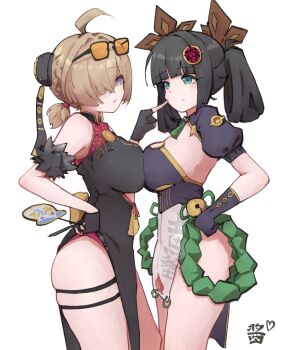 Rule 34 | 2girls, ahoge, black-framed eyewear, black dress, black gloves, black hair, black shrug, blaze (zenless zone zero), blonde hair, breast press, breasts, cheek poking, china dress, chinese clothes, closed mouth, commentary request, dress, eyewear on head, fingerless gloves, gloves, green eyes, hair over one eye, hand fan, hand on own hip, holding, holding fan, large breasts, looking at another, mu jiang, multiple girls, pelvic curtain, poking, purple eyes, shrug (clothing), simple background, single fingerless glove, sunglasses, sweety (zenless zone zero), symmetrical docking, tinted eyewear, tuanshan, white background, yellow-tinted eyewear, zenless zone zero