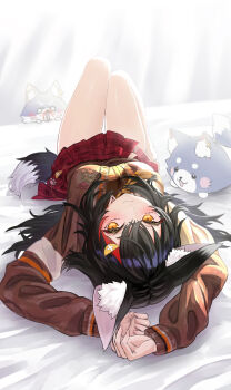 1girl absurdres animal_ears arms_up barefoot bed_sheet black_hair black_tail blood blush brown_shirt brown_sweater closed_mouth collared_shirt commentary_request crossed_bangs double-parted_bangs full_body hair_between_eyes hair_ornament hairclip highres hololive kazuna_(minekazuna) knees_up long_hair looking_at_viewer lying miniskirt multicolored_hair nosebleed on_back ookami_mio ookami_mio_(10th_costume) pleated_skirt red_hair red_skirt shirt skirt solo streaked_hair sweater tail upside-down virtual_youtuber wolf_ears wolf_girl wolf_tail yellow_eyes