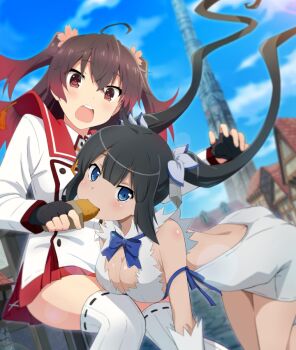 2girls :o ahoge asakura_mihono backless_outfit bare_back bent_over black_hair blue_bow blue_eyes blue_ribbon blue_sky bow breasts brown_hair buttons cleavage cloud cobblestone crossover day dot_nose dress dungeon_ni_deai_wo_motomeru_no_wa_machigatteiru_darou_ka dutch_angle eating elbow_gloves flower game_cg gloves gradient_hair hair_flower hair_ornament hestia_(danmachi) house kneeling large_breasts lens_flare long_hair looking_at_viewer medium_hair minoseki_gakuin_uniform multicolored_hair multiple_girls official_art open_mouth outdoors pink_flower red_hair red_sailor_collar rei_no_himo ribbon sailor_collar school_uniform shirt sky stone_walkway striped_clothes striped_thighhighs teeth thighhighs third-party_source toji_no_miko toji_no_miko:_kizamishi_issen_no_tomoshibi tower town twintails upper_teeth_only vertical-striped_clothes vertical-striped_thighhighs very_long_hair white_dress white_gloves white_shirt white_thighhighs