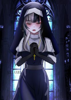 Rule 34 | 1girl, alexaniel, alternate costume, artist name, black dress, black gloves, black hair, closed eyes, cross, cross necklace, dress, gloves, grey hair, hololive, hololive english, interlocked fingers, jewelry, long hair, multicolored hair, necklace, nun, open mouth, own hands together, shiori novella, solo, split-color hair, two-tone hair, virtual youtuber, window