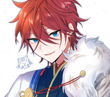 1boy amagi_rinne blue_eyes blue_kimono blush clothing_request ear_piercing ensemble_stars! fur_trim highres japanese_clothes kimono looking_at_viewer male_focus open_mouth piercing red_hair short_hair smile solo sushi_171