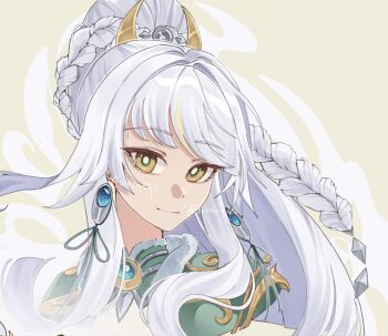 1girl blonde_hair braid chinese_clothes closed_mouth commentary crescent crescent_earrings crescent_hair_ornament crescent_moon earrings english_commentary fur_trim genshin_impact hair_ornament high_ponytail highres jewelry long_hair moon multicolored_hair ponytail simple_background single_hair_streak solo streaked_hair twitter_username two-tone_hair upper_body white_hair wonneqo yellow_eyes zibai_(genshin_impact)