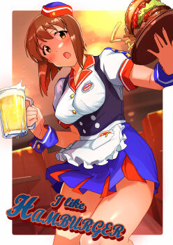 1girl absurdres alcohol apron balancing beer beer_mug blue_skirt blush bob_cut booth_seating border breasts brown_eyes brown_hair burger burger_skater_(idolmaster) carhop collarbone collared_shirt commentary cuff_links cup diner employee_uniform english_text fast_food food french_fries frilled_apron frills hagiwara_yukiho hat heart highres idolmaster idolmaster_(classic) idolmaster_2 indoors ketchup leaning_to_the_side lettuce momo_no_suidou-sui mug name_tag nervous_sweating notepad open_mouth outside_border pen print_headwear red_hat shirt skirt solo star_(symbol) star_print suspender_skirt suspenders sweat sweatdrop table tareme tomato tray waist_apron waitress white_border wrist_cuffs