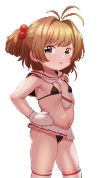 armpits bikini born-to-die brown_hair cardcaptor_sakura gloves hair_bobbles hair_ornament highres kinomoto_sakura loli looking_at_viewer micro_bikini midriff miniskirt school_uniform short_hair skirt solo source_request swimsuit thighhighs white_gloves