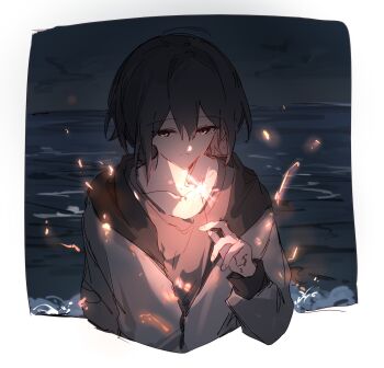 1girl bang_dream! bang_dream!_it's_mygo!!!!! border brown_eyes collarbone fireworks grey_hair grey_jacket grey_shirt hair_between_eyes hibioes highres holding holding_fireworks jacket long_hair ocean open_mouth shirt solo sparkler takamatsu_tomori upper_body white_border