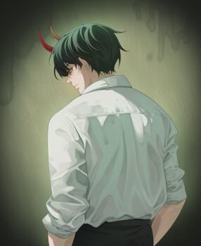 1boy black_hair blurry_border commentary cowboy_shot demon_horns expressionless from_behind highres horns kim_dokja looking_back male_focus nadardoh omniscient_reader&#039;s_viewpoint red_eyes shirt shirt_tucked_in short_hair sleeves_rolled_up solo spotlight stain symbol-only_commentary white_shirt