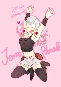 1girl :d ^_^ closed_eyes crop_top earrings closed_eyes flattop genderswap genderswap_(mtf) grey_hair jean_pierre_polnareff jewelry jojo_no_kimyou_na_bouken jumping male_focus midriff mullet open_mouth shorts smile solo stardust_crusaders thighhighs tianel_ent