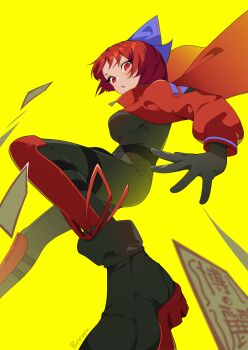 Rule 34 | 1girl, alternate costume, biker clothes, bikesuit, black bodysuit, black boots, black gloves, bodysuit, boots, bow, breasts, capelet, commentary, floating, gloves, highres, long sleeves, looking at viewer, medium breasts, medium hair, ofuda, parted lips, punidayo, purple bow, red capelet, red eyes, red hair, rock 'n' rock 'n' beat, sekibanki, skin tight, solo, touhou, yellow background