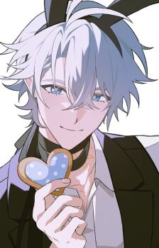 Rule 34 | 1boy, 1owo owo1, alternate costume, animal ear hairband, animal ears, antenna hair, black choker, black vest, blue eyes, choker, collared shirt, cookie, fake animal ears, food, hairband, hashtag-only commentary, holding, holding cookie, holding food, honkai: star rail, honkai (series), looking at viewer, male focus, male playboy bunny, neck tattoo, parted bangs, phainon (honkai: star rail), rabbit ears, shirt, short hair, solo, sun symbol, sun tattoo, tan, tattoo, vest, white hair, white shirt